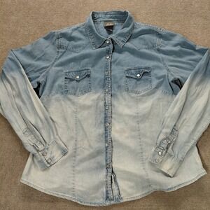 Vintage DOTS Ombre Blue Denim Pearl Snap Women's LARGE Long Sleeve Western Shirt